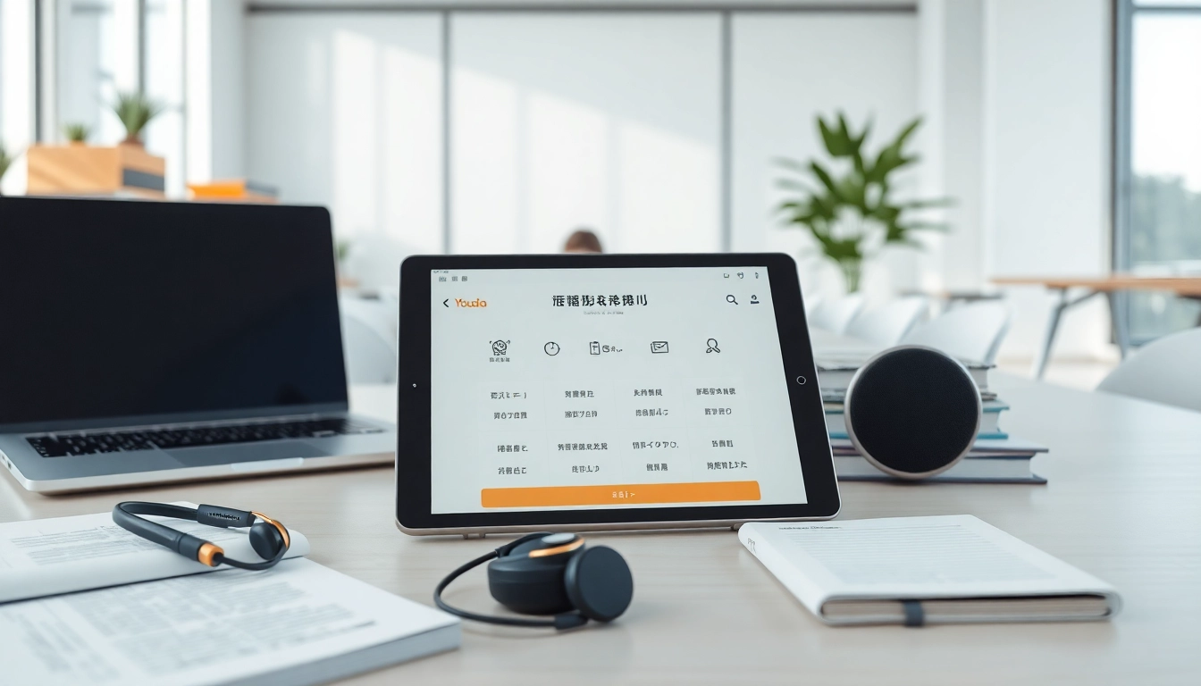 Youdao translation app displayed on a tablet in a modern study, highlighting innovative digital learning tools.