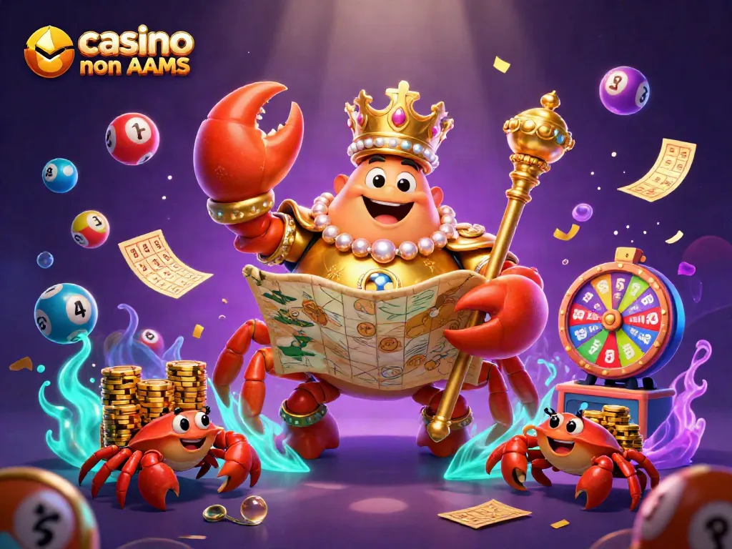 I migliori casino online non AAMS offrono emozioni e splendidi premi come mostra questa scena festosa con un granchio imperatore dorato.