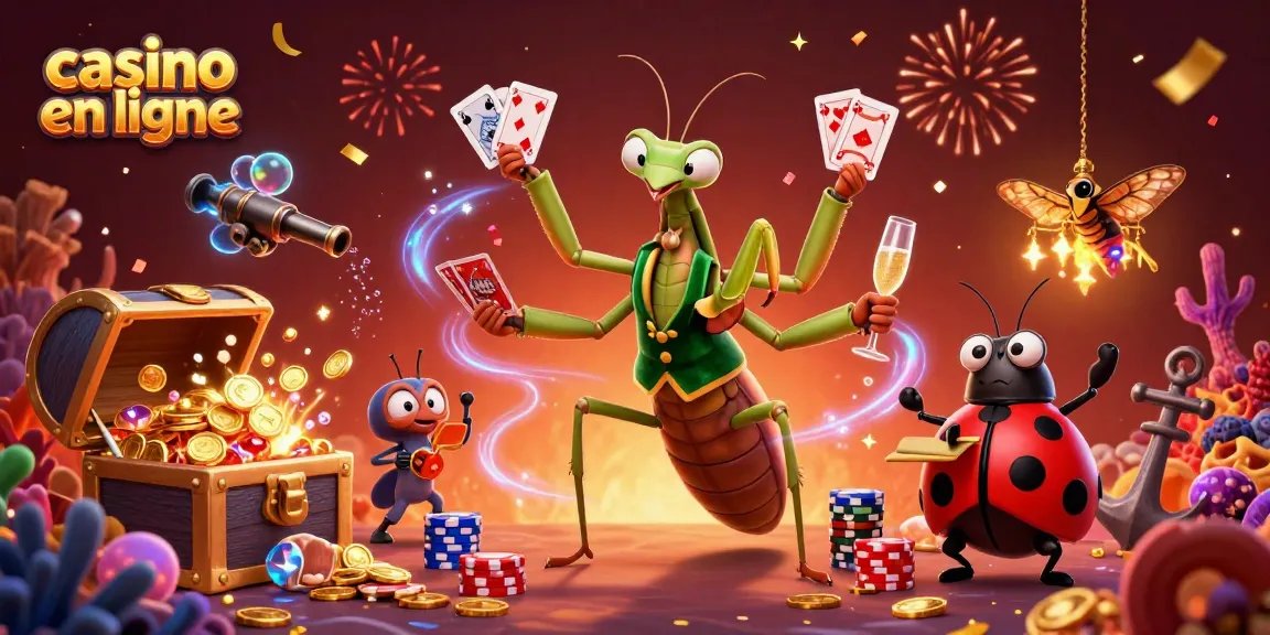 Visualisez un casino en ligne animé où un mante religieux joue des cartes, gère des jetons et sert du champagne.