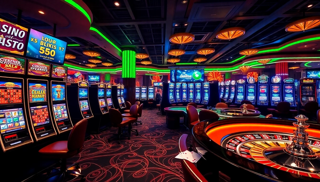 Joueurs profitant de l'excitation du casino en ligne argent réel France avec des machines à sous colorées et des tables de jeu.