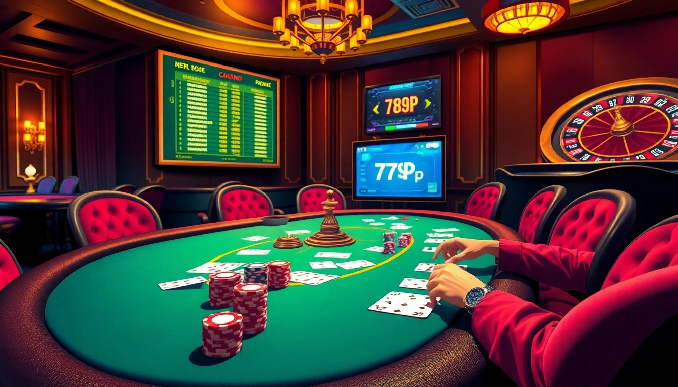 Players strategizing at a 789P poker table with vibrant chips and cards.