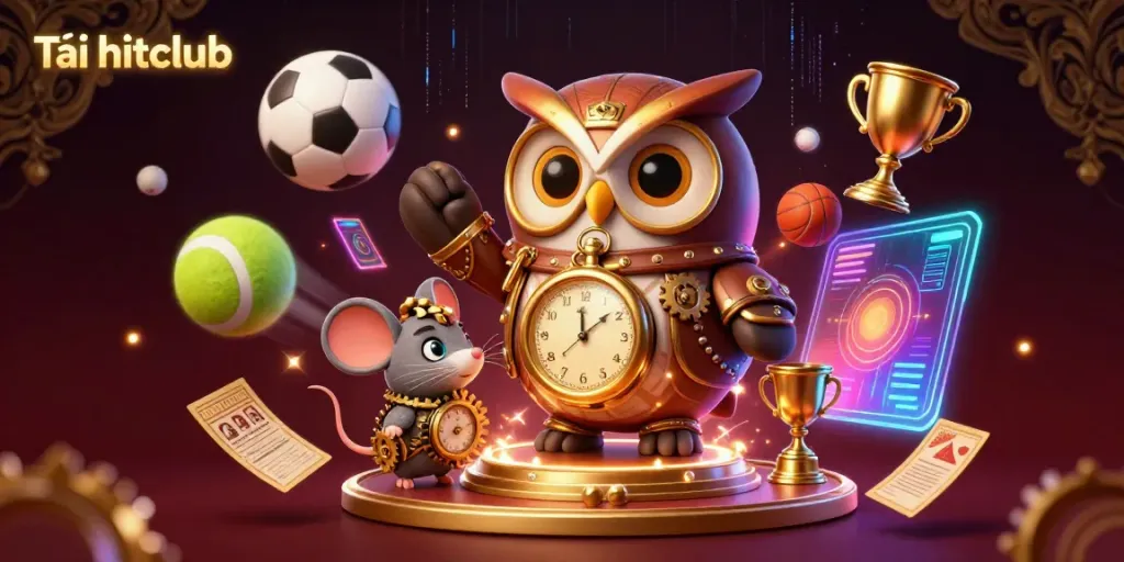 Experience the thrills of Tải hitclub with a dynamic scene featuring a time-traveler owl in a steampunk casino.