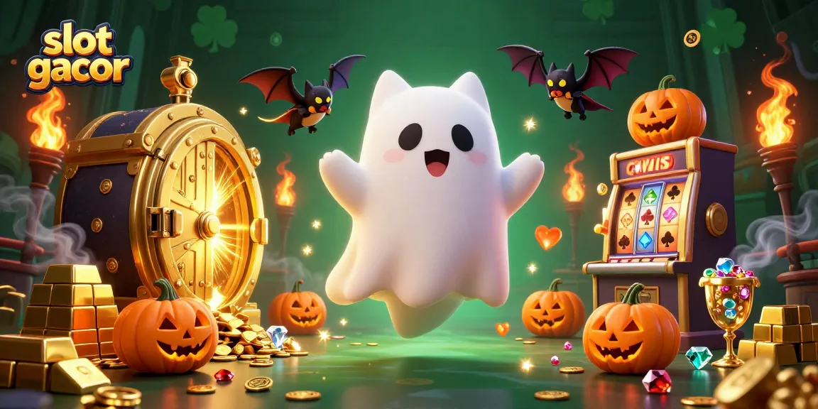 Experience thrilling gaming action with slot gacor characters in a haunted casino scene, full of treasures.