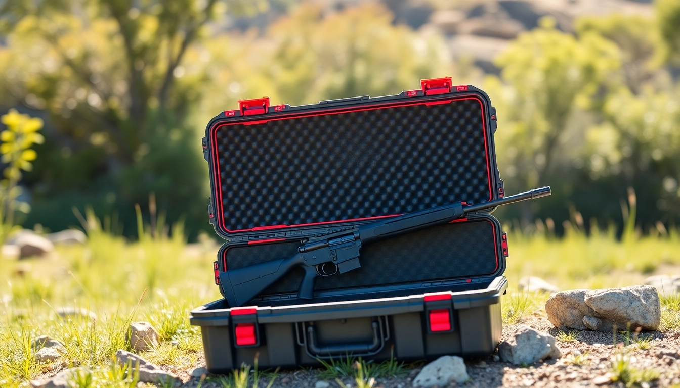 Showcase a pelican rifle case with a durable design and sleek gun interior in an outdoor setting.