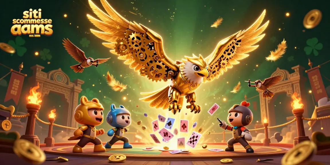 Scopri i siti scommesse non AAMS attraverso un'aquila d'oro futuristica che vola tra carte di gioco in un contesto vivace.