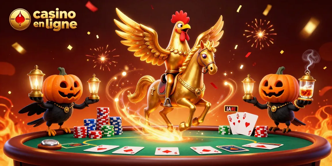Plongez dans le monde captivant du casino en ligne avec un coq doré et ses compagnons tout en jouant aux cartes.