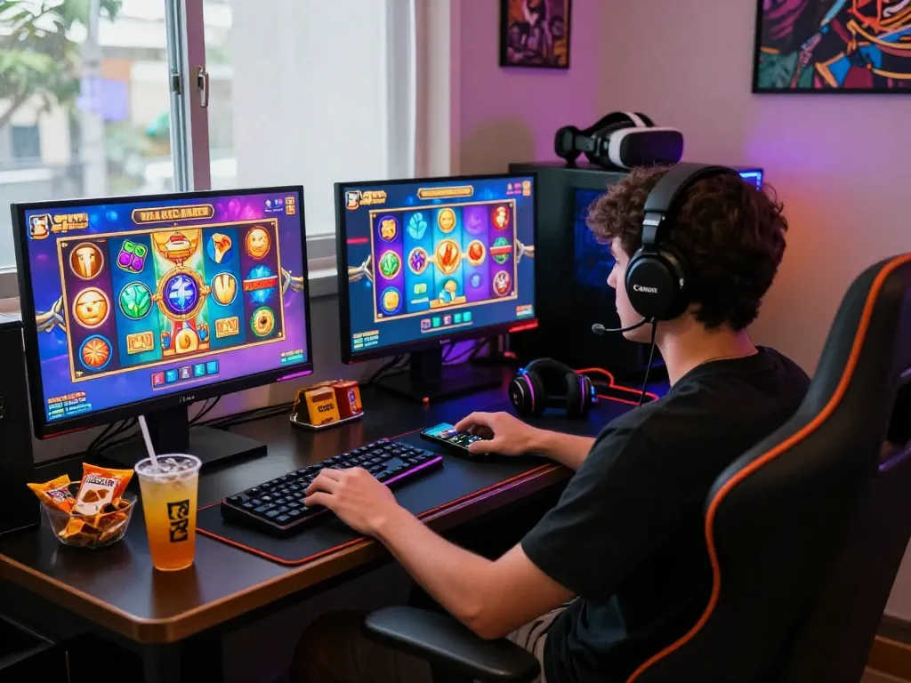 Pemain yang terlibat menikmati pengalaman bermain situs slot gacor dengan layar yang cerah dan camilan dalam suasana yang nyaman.