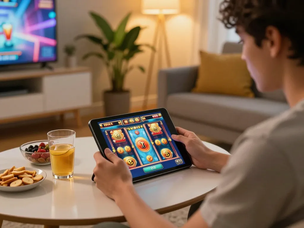 Engaging in ทดลองเล่นสล็อต at home, a player enjoying online gaming on a tablet in a cozy setting.