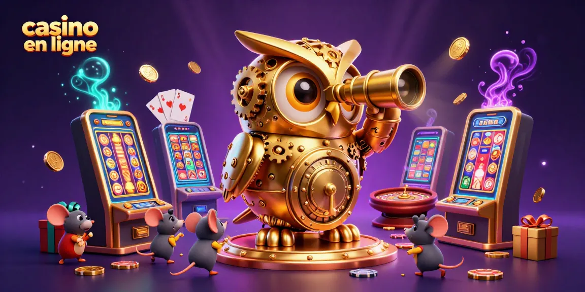 Célébrez le monde des casinos en ligne avec une illustration captivante de l'horloge magique, mettant en avant le hibou d'or et des souris entre des machines à sous.