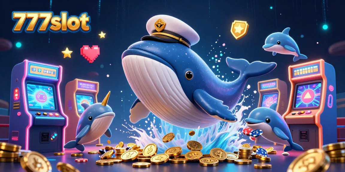 Mainkan slot menguntungkan di 777slot dengan ilustrasi paus 3D sedang melompat di lautan koin.