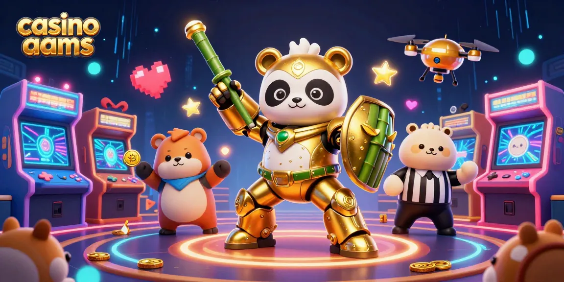 Casino non AAMS: esibizione della mascotte in un robot, circondato da giochi d'azzardo colorati.