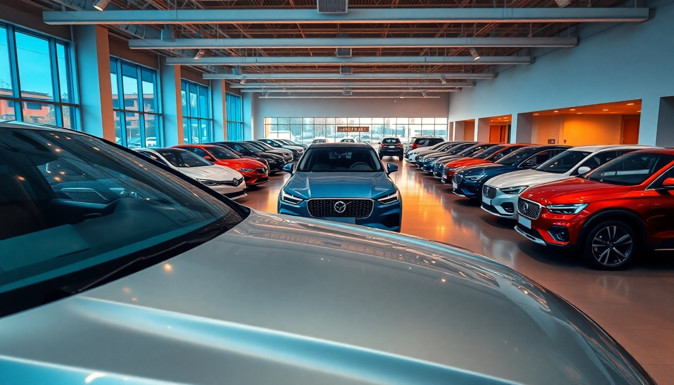 Buy a car showcasing a variety of models inside a modern, well-lit showroom environment.