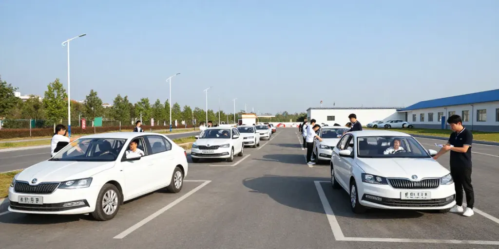 Driving practice at scoala auto with students in Skoda cars and instructors.