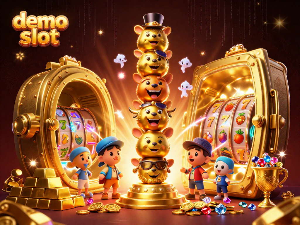Demo slot menampilkan permainan menarik dengan karakter kasino ceria dan harta karun berkilau.