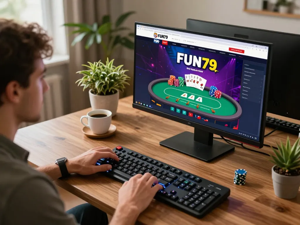 Engaged player utilizing FUN79 com website for online casino gaming at home with focused atmosphere