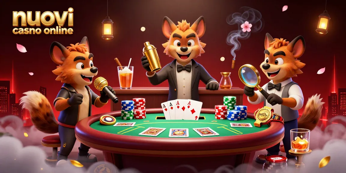 Divertenti iene in un casinò, esplorando i nuovi casinò online con giochi e chip scintillanti.