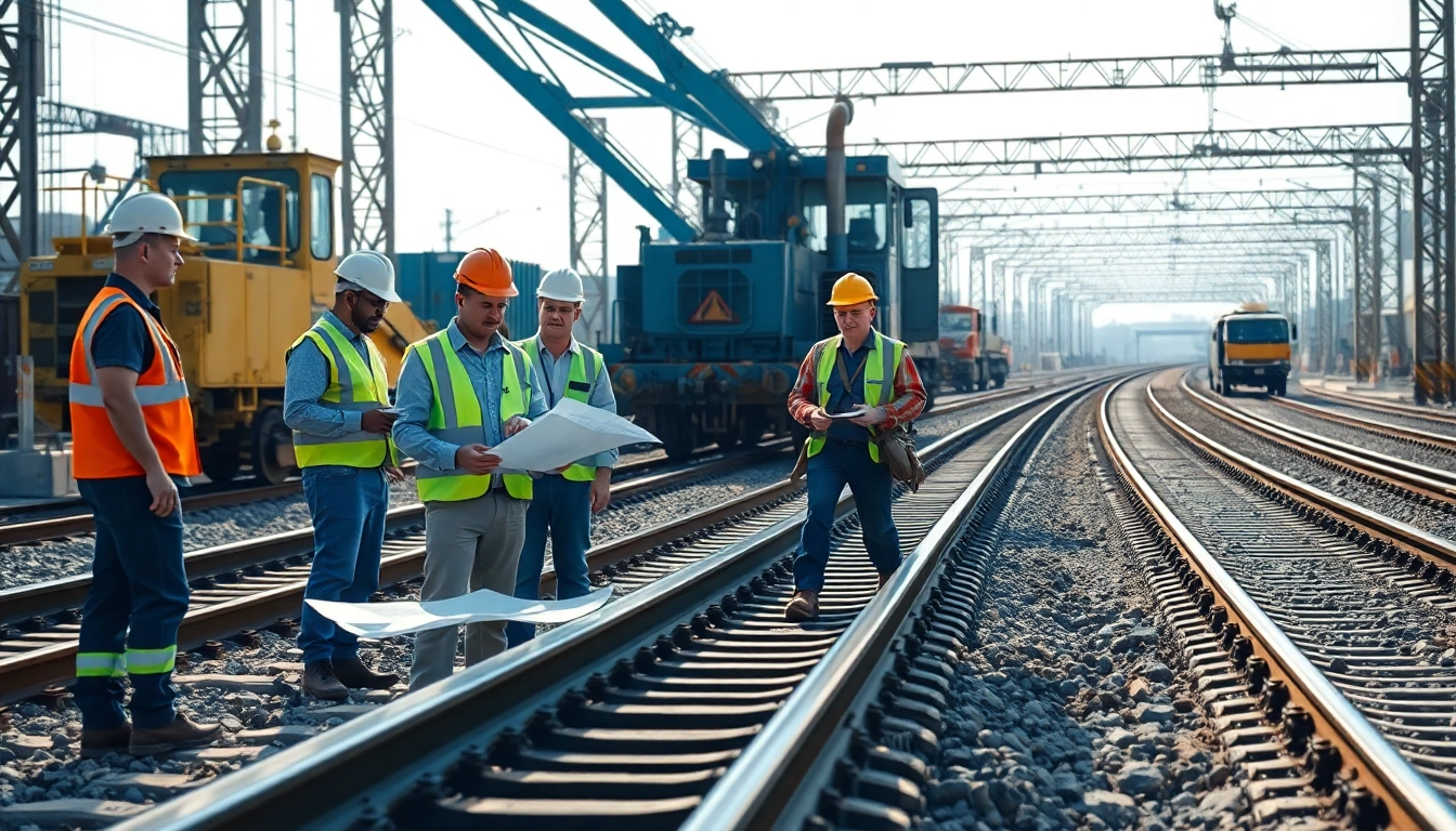 Workers installing tracks as leading Railroad Contractors USA professionals for a robust railway infrastructure.