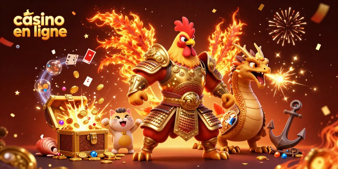 Vivez l'expérience du casino en ligne avec un combattant en armure et un dragon, célébrant sous les feux d'artifice.