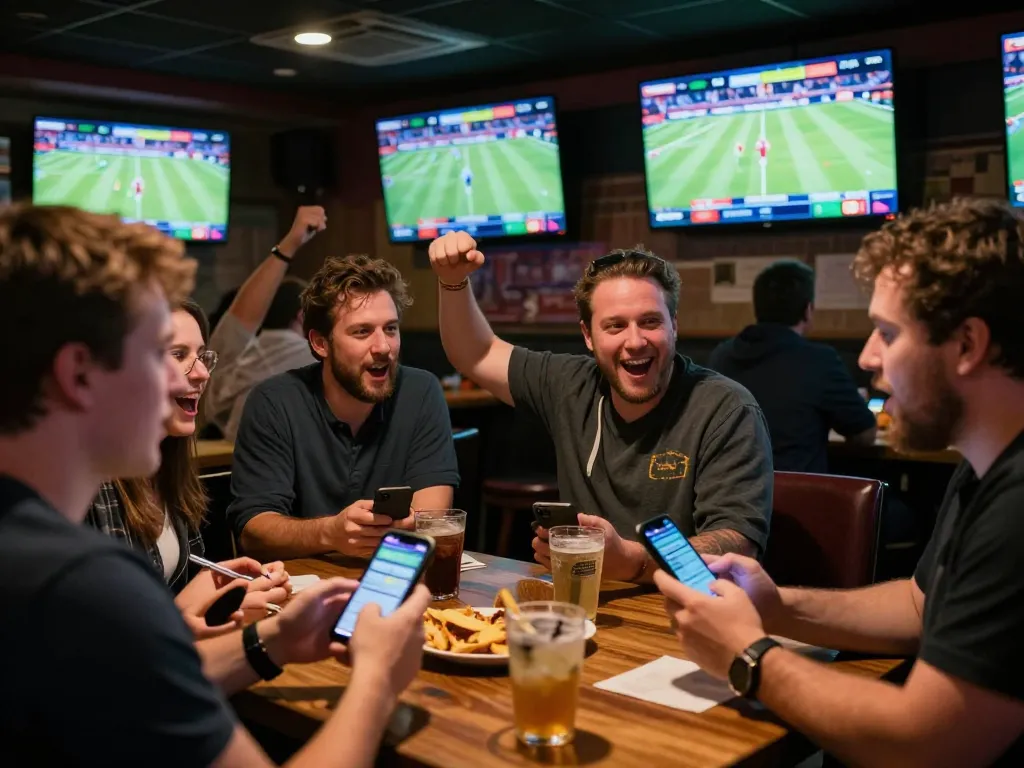 LV88 sports enthusiasts engaging in live betting action at a bustling bar.