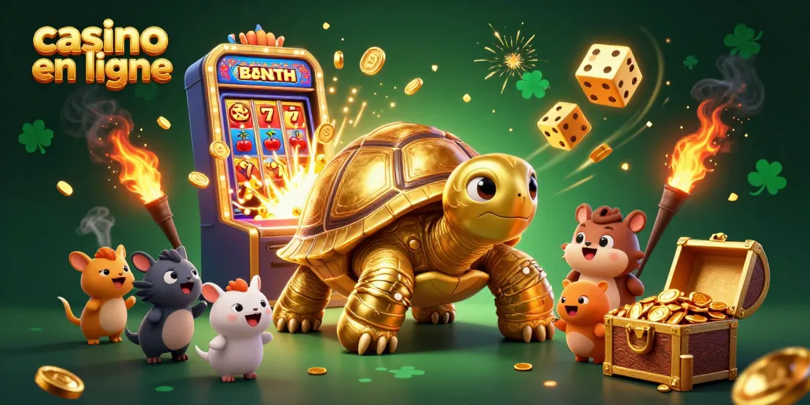 Casino en ligne : Illustrations colorées d'une tortue d'or jouant aux machines à sous.