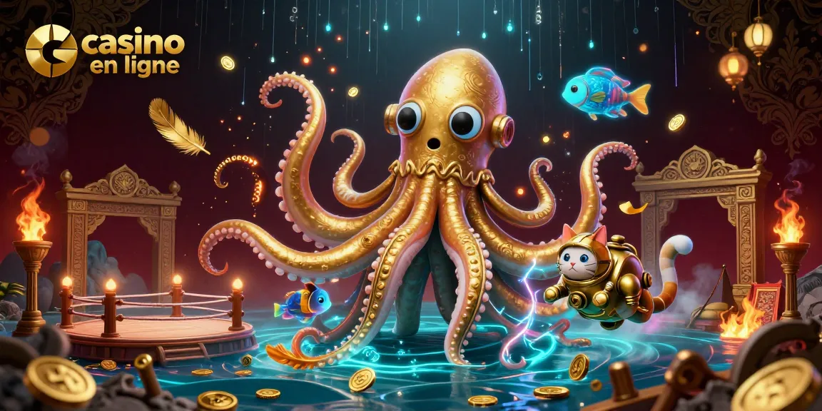 Retrouvez l'univers du casino en ligne avec un kraken doré et un chat plongeur, une scène dynamique pleine de jeux et de trésors.