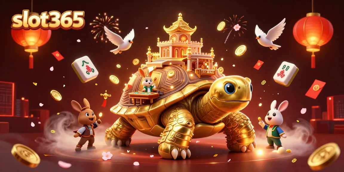 Experience slot365's vibrant casino atmosphere with a dynamic illustration featuring a golden tortoise and a rabbit dealer.