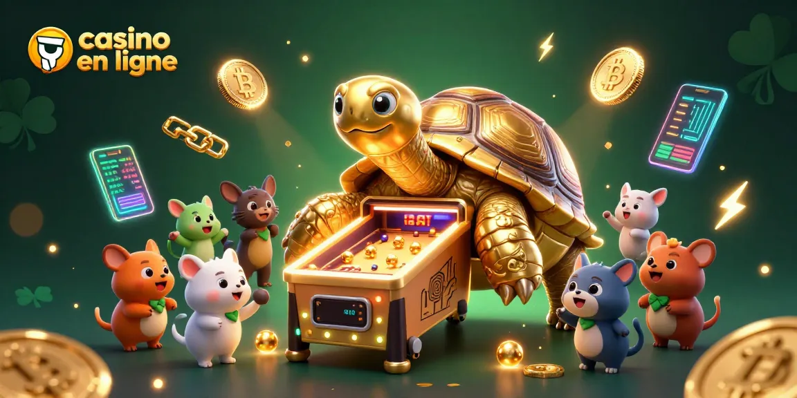Jouez dans un casino en ligne vibrant avec une tortue géante et des pièces de crypto-monnaie.