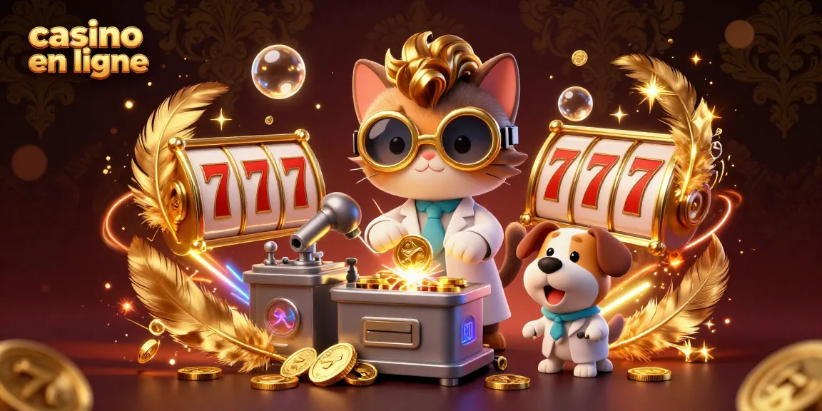 Illustration dynamique d'un laboratoire avec un chat scientifique créant de l'argent sur un casino en ligne.