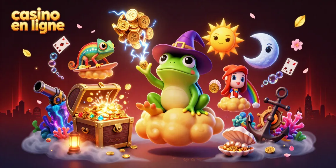 Visualisez un casino en ligne animé avec une grenouille magicien et un caméléon, créant une tempête de pièces d'or.