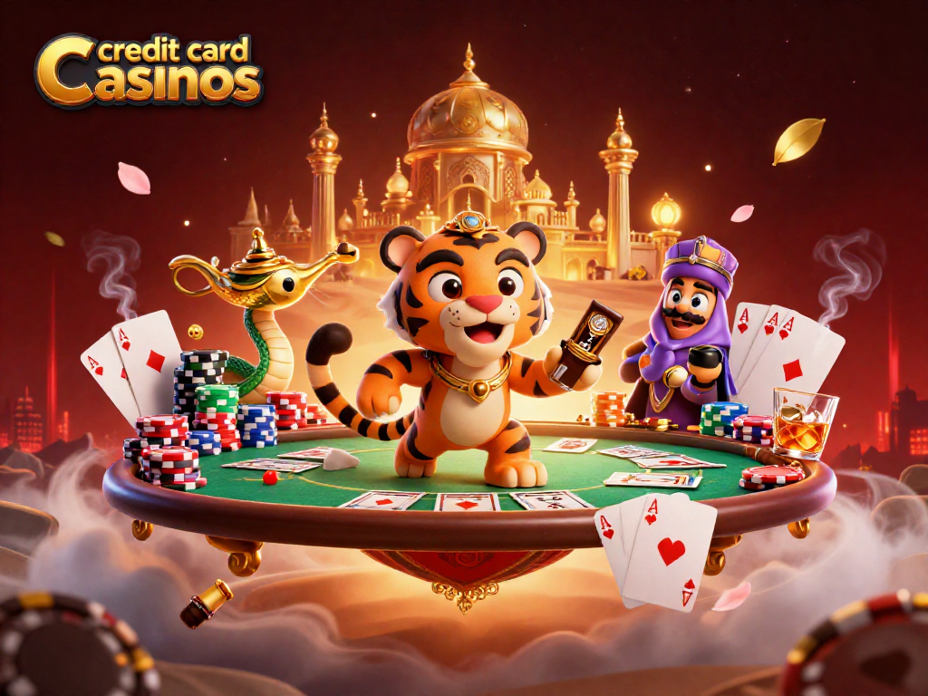 Engage with the excitement of credit card casinos featuring a 3D tiger sultan, poker chips, and gold.