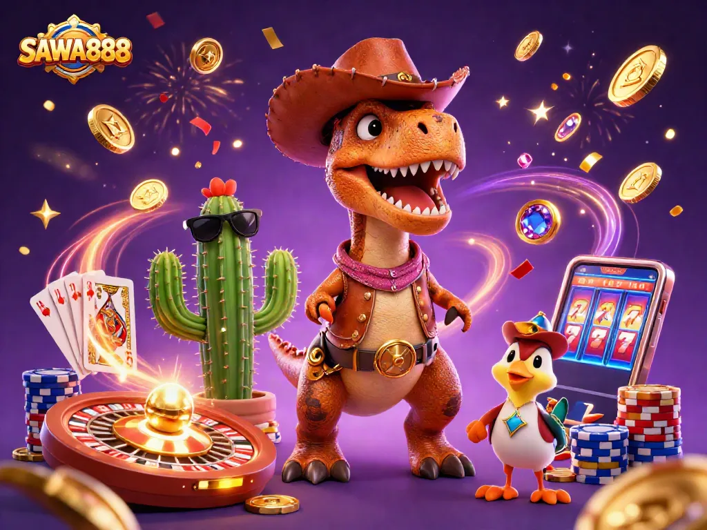 Win big with SAWA888 at vibrant casino featuring T-Rex cowboy and dazzling game elements