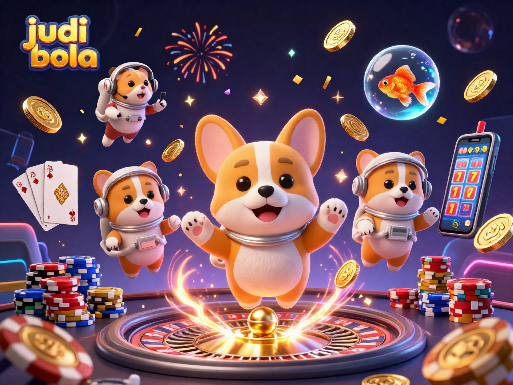 Engage in judi bola with exciting visuals of a vibrant casino atmosphere featuring a corgi and hamster.