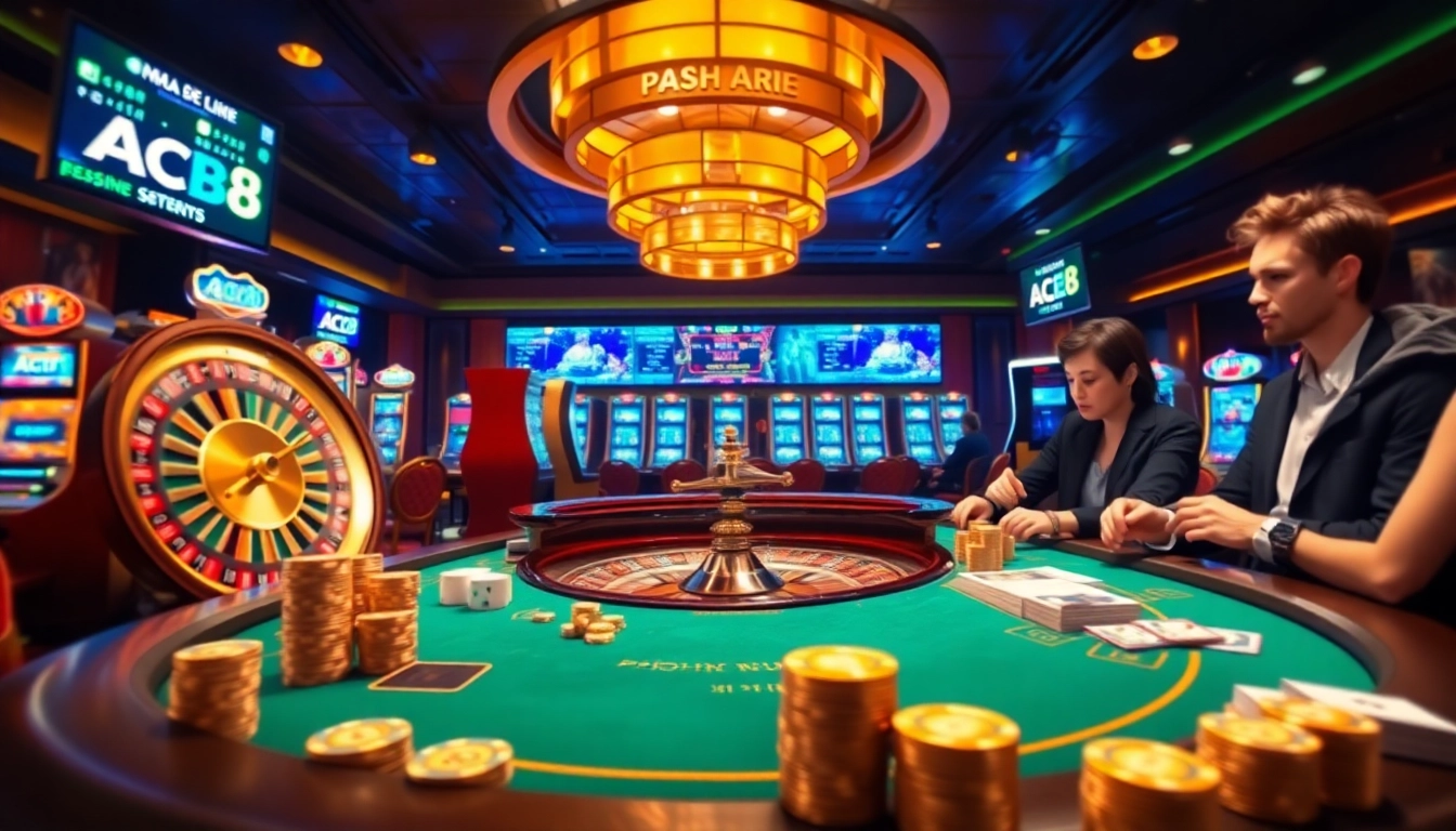 Intense gaming experience at Nhà Cái ABC8 with poker chips, cards, and a roulette wheel.