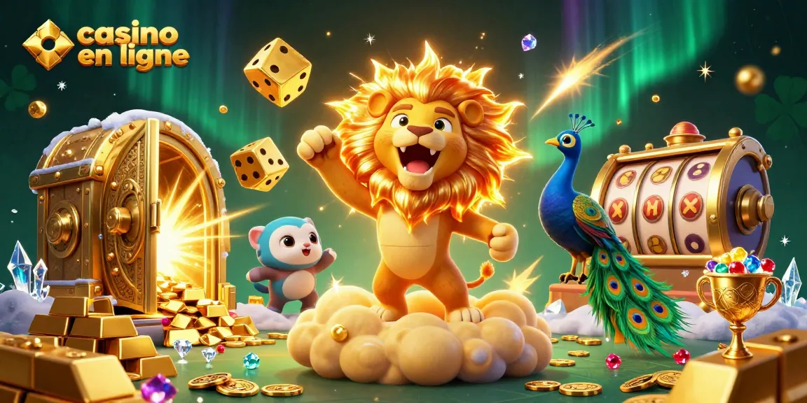 Illustration animée d'un lion rayonnant symbolisant le casino en ligne, entouré de mille et une richesses.