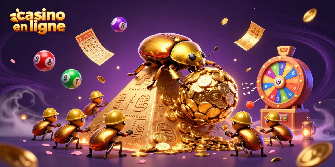 Découvrez l'univers du casino en ligne avec des insectes dorés roulant des pièces sur une pyramide.