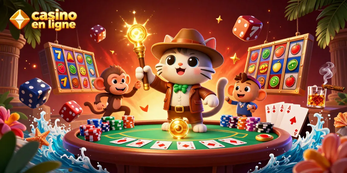 Une illustration 3D captivante représentant un chat explorateur découvrant un artefact casino en ligne, entouré de rouleaux de machines à sous et de jetons de poker.