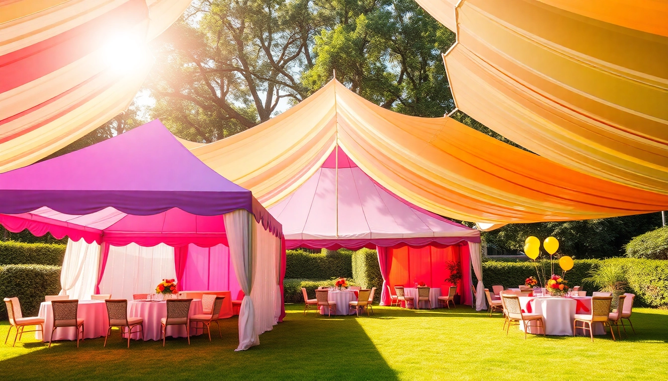See beautiful party tent rentals set up for a lively outdoor celebration with vibrant decorations.