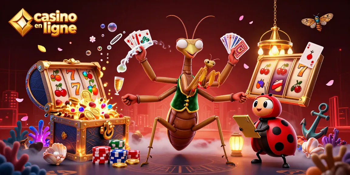 Illustration dynamique d'un casino en ligne avec un mante religieuse, un croupier et des éléments de jeu.