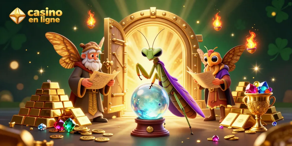 Le casino en ligne animé avec un mante religieuse et un papillon sage, enchâssés dans une scène mystique.