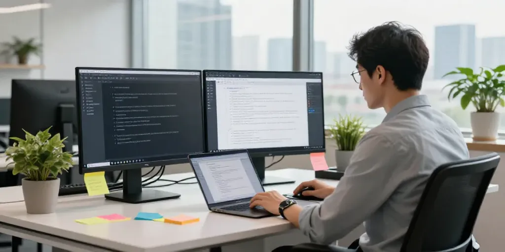 Content manager engaged in AI copywriting for content strategy in a modern office.