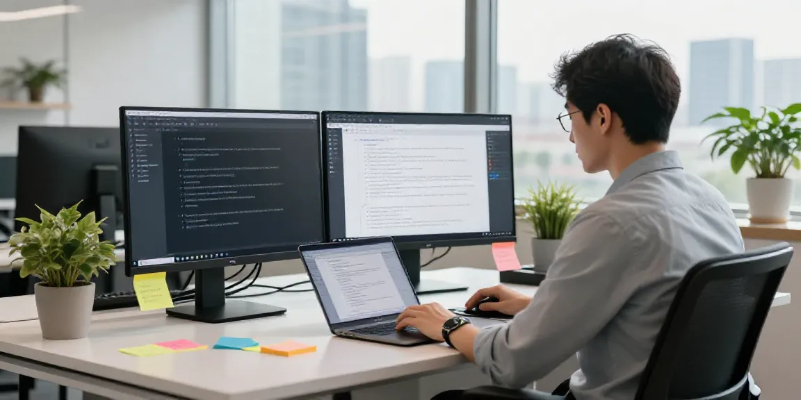 Content manager engaged in AI copywriting for content strategy in a modern office.