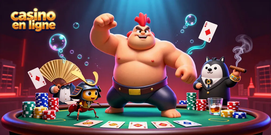 Vaincre au poker en ligne avec des personnages dynamiques, ambiance casino en ligne.