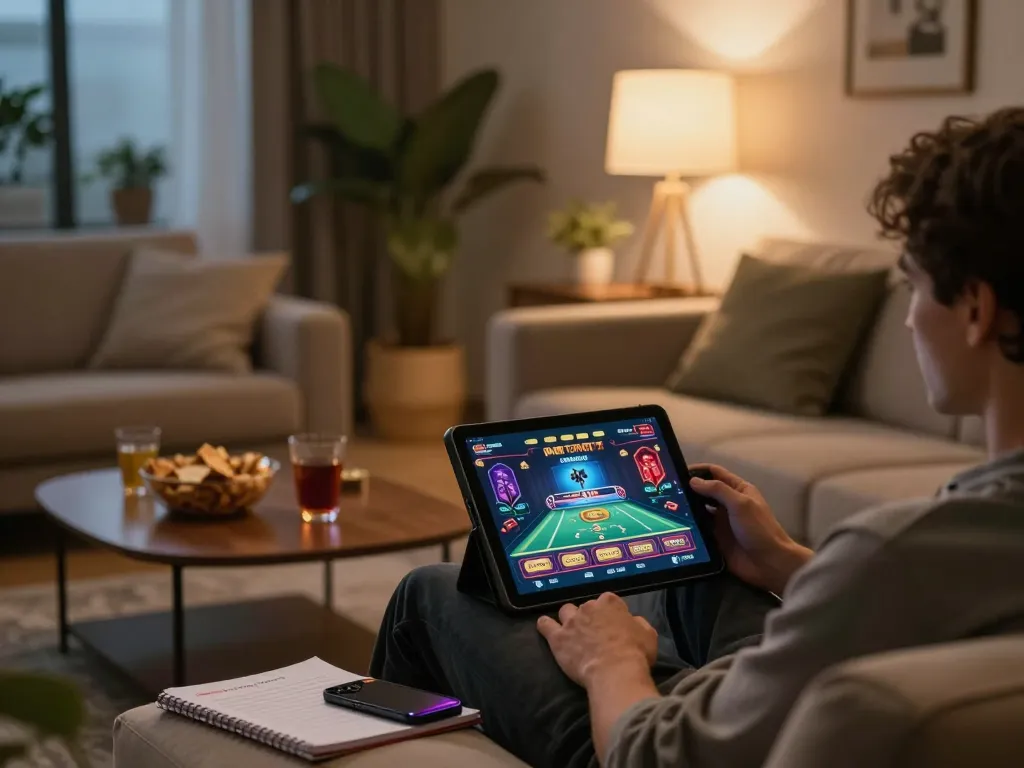 Person enjoying online gambling on https://nddo.org from a cozy living room, with snacks on display.