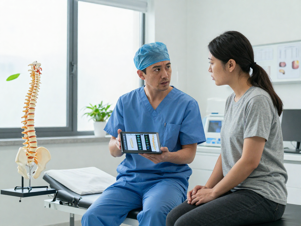 Bel kayması ameliyatı consultation scene in modern clinic with surgeon explaining treatment to patient, showcasing a caring atmosphere.