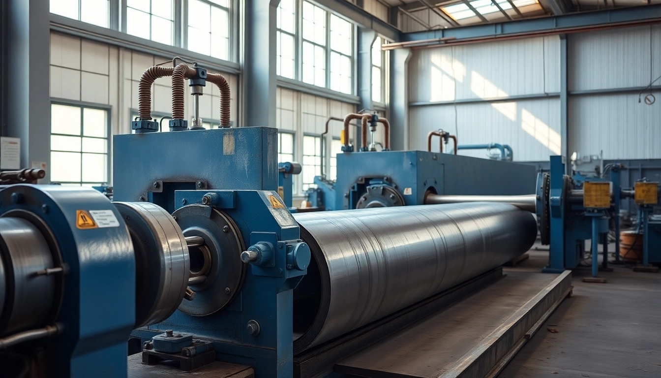 Showcasing plate rolling procedure in a high-tech industrial workshop with advanced machinery.