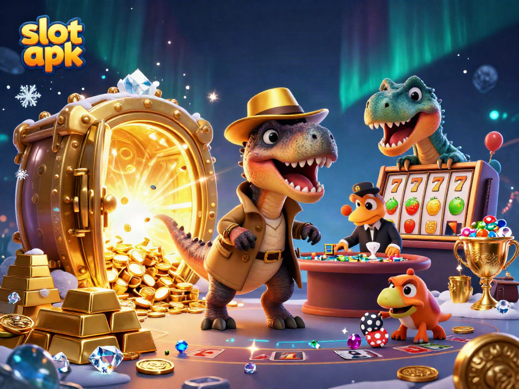 Experience the excitement of slot apk with a velociraptor at a blackjack table surrounded by treasure.