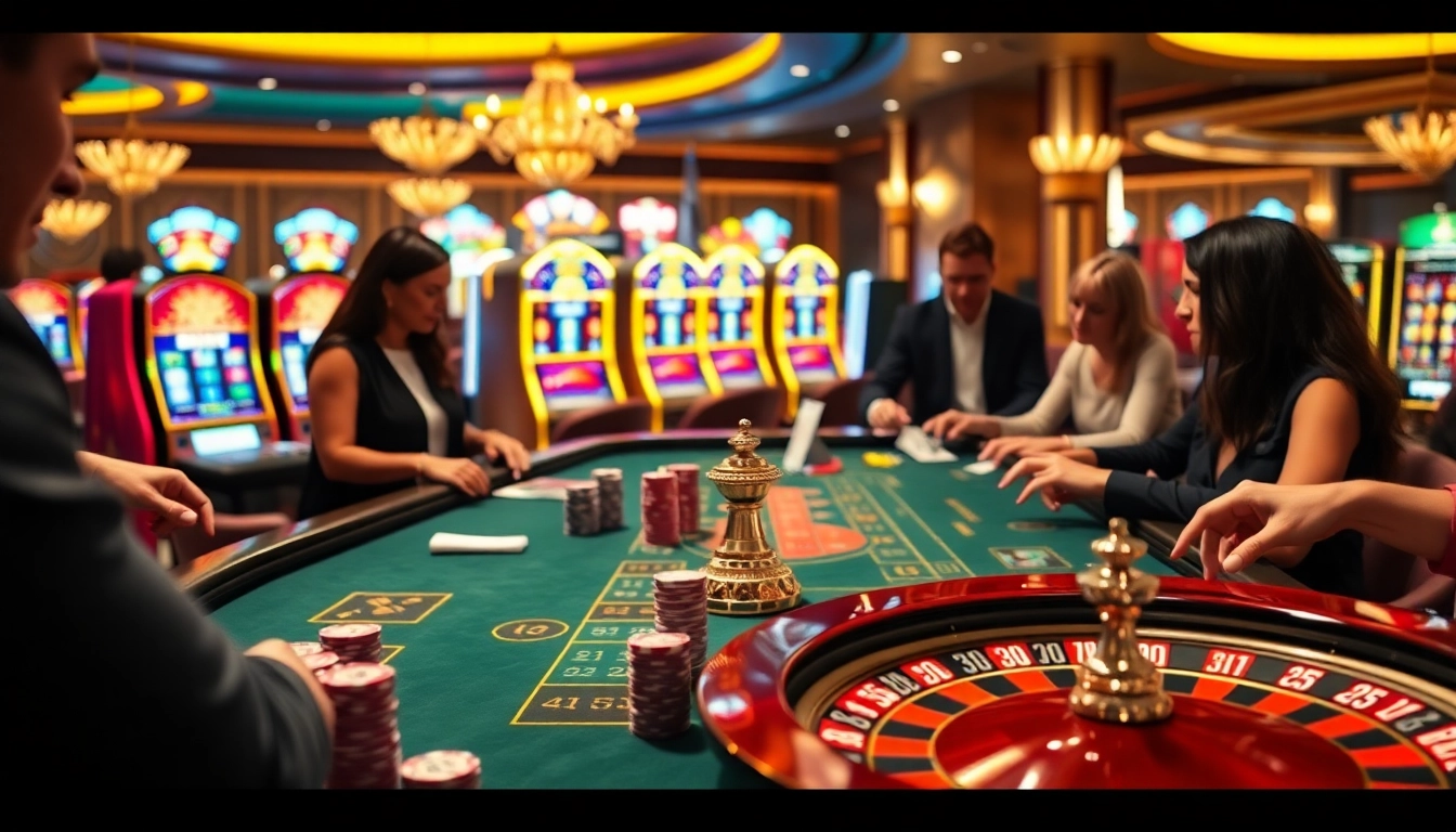 Players at the 88clb casino joyfully engage in roulette and slot games, showcasing thrilling gambling experiences.