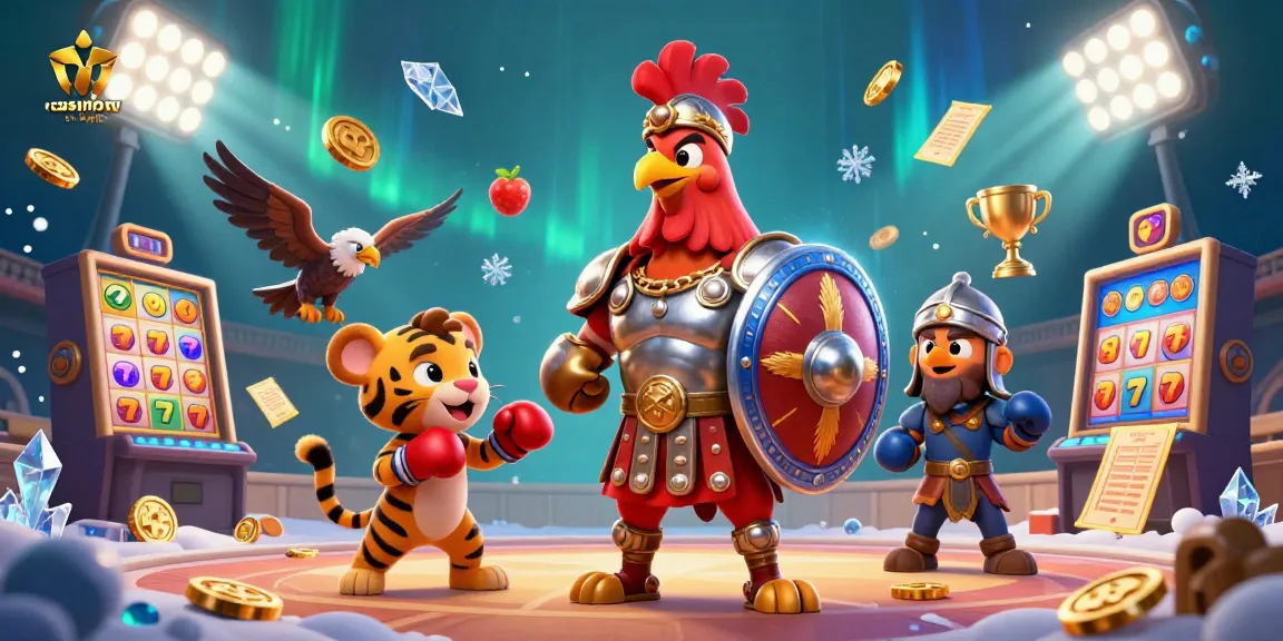 Jouez à casino en ligne avec un coq gladiateur et des éléments de jackpot colorés, dans un décor captivant.