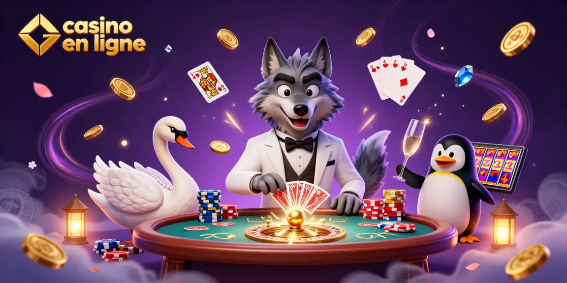 Jouez à des jeux de casino en ligne avec un loup élégant au baccarat, un cygne distribuant des cartes.