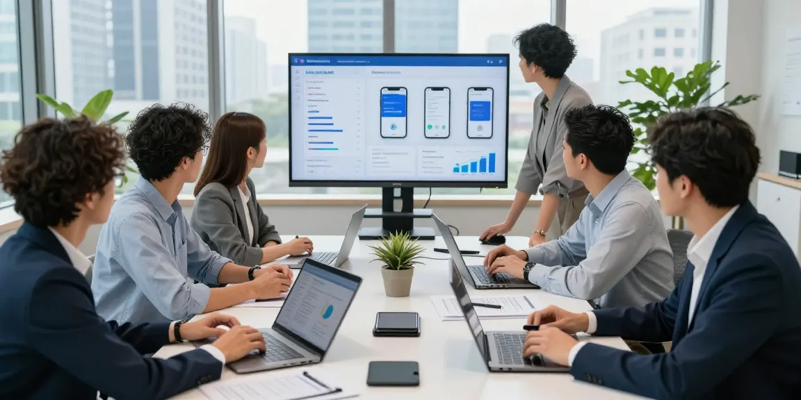 Team discussing corporate mobile plans UK at a modern office table with digital analytics.